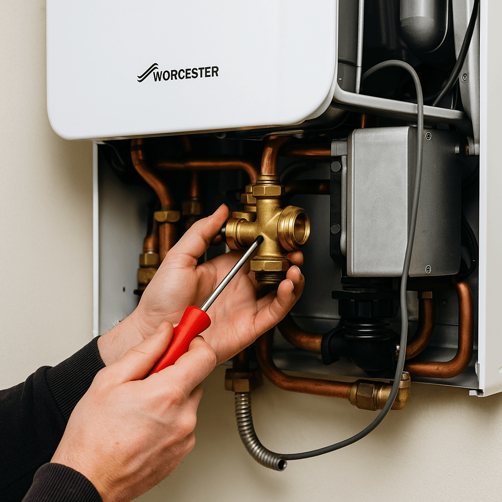 Boiler Repair – Diverter Valve Replacement on Worcester Unit | BrightBurn Solutions Boiler repair Stoke-on-Trent – engineer replacing diverter valve on Worcester boiler