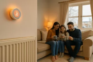 Warm UK living room with smart thermostat and energy-efficient heating system