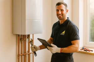 Gas Safe engineer installing a new boiler in a Stoke-on-Trent home.