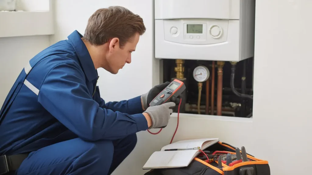 Heating engineer inspecting a boiler that keeps turning off for safe repair.