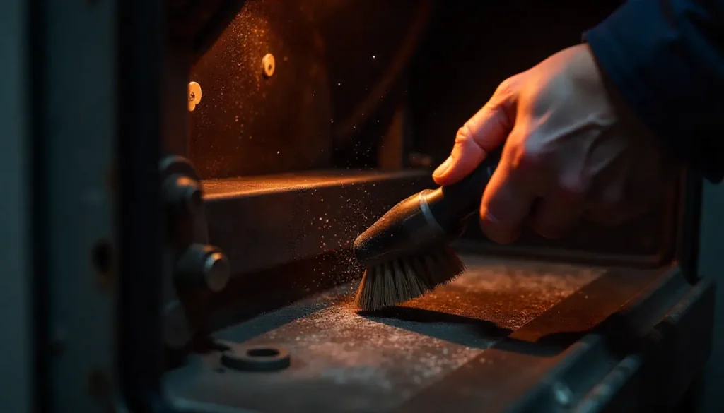 Engineer cleaning burner and heat exchanger inside a modern gas boiler.