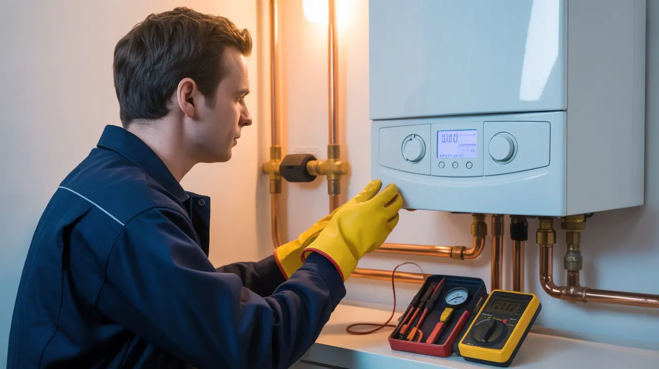 Heating engineer inspecting a home boiler for safe and efficient repair.