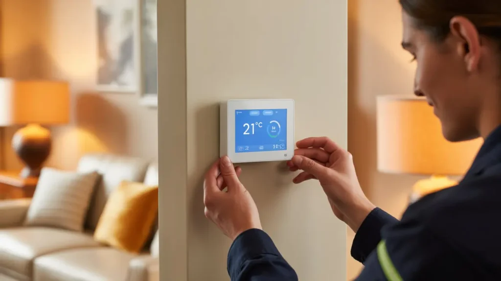 Technician adjusting a smart thermostat on the wall inside a Stoke-on-Trent home, showing heating settings on a digital screen.