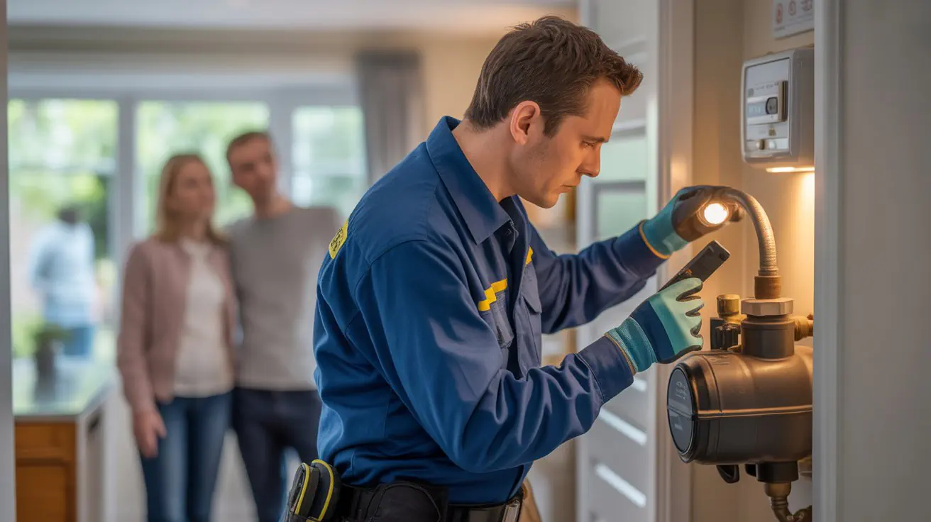 Emergency Gas Safe engineer checking gas meter during a home gas leak in Stoke-on-Trent
