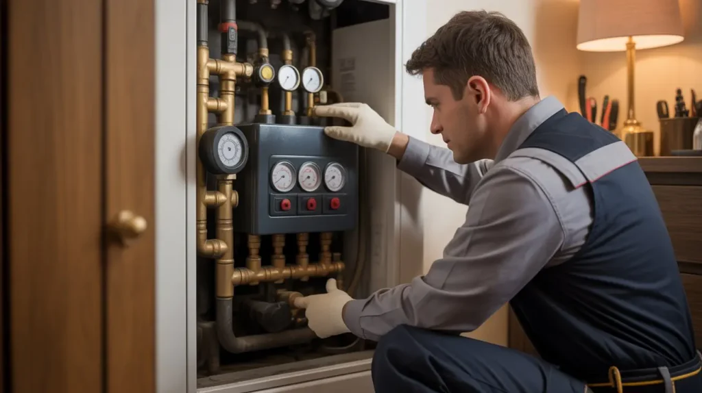 Heating engineer inspecting a boiler in a Stoke-on-Trent home.