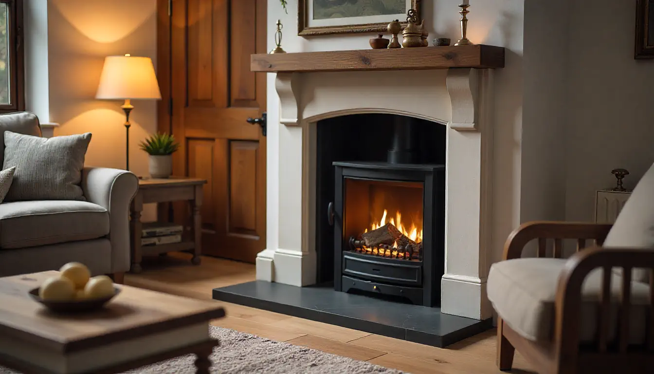 Modern gas fire in a cosy living room.