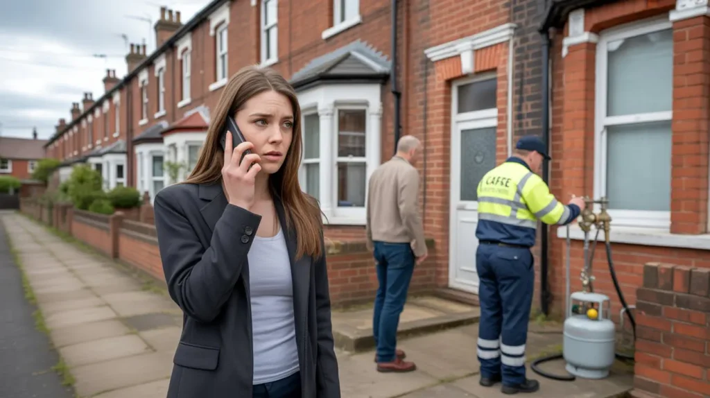 Tenant and landlord outside a rental property after gas leak in Stoke-on-Trent
