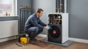 Modern boiler being serviced by engineer with tools and pressure gauge visible.