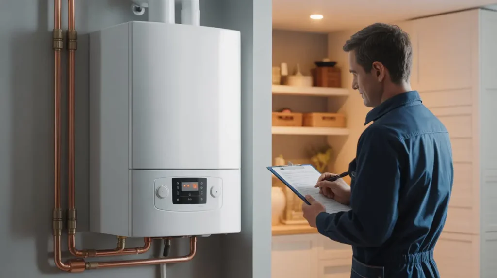 Modern condensing boiler shown in a UK home to highlight long-lasting heating system performance.