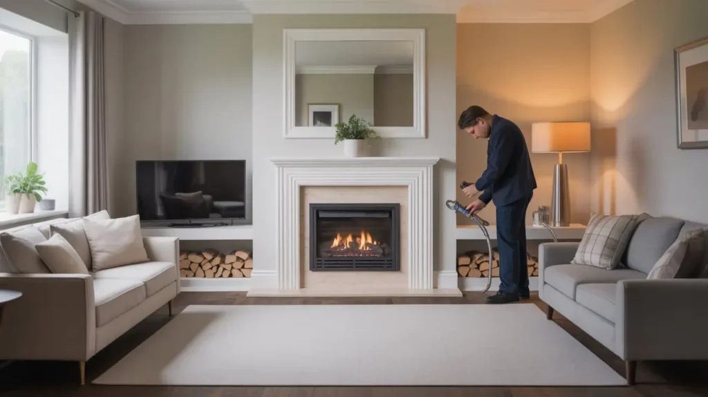Safe gas fire installation in a living room with proper clearance and gas supply check by a professional.