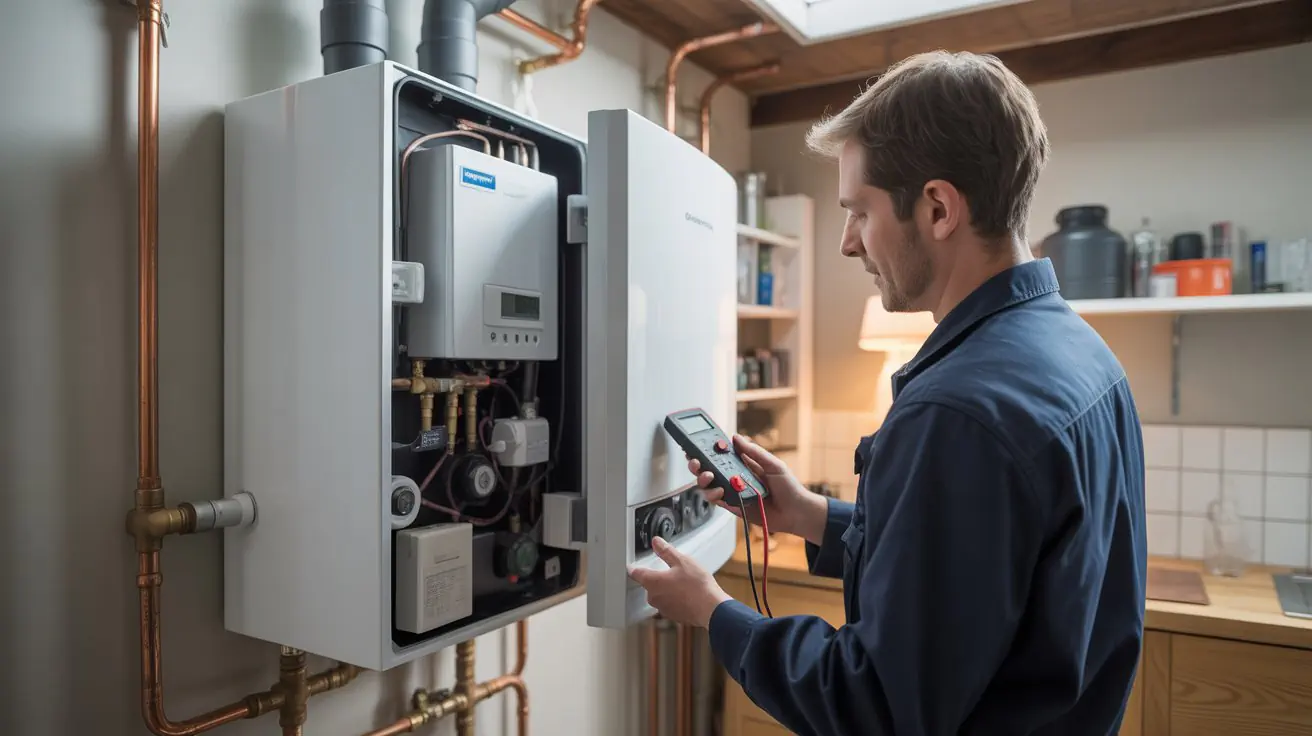 Heating engineer inspecting a modern condensing boiler during a service to improve efficiency and reduce long-term heating costs.