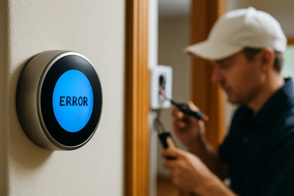 Technician checking a smart thermostat with a frozen or restarting display.