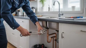Plumber fixing a kitchen sink in a Stoke-on-Trent home