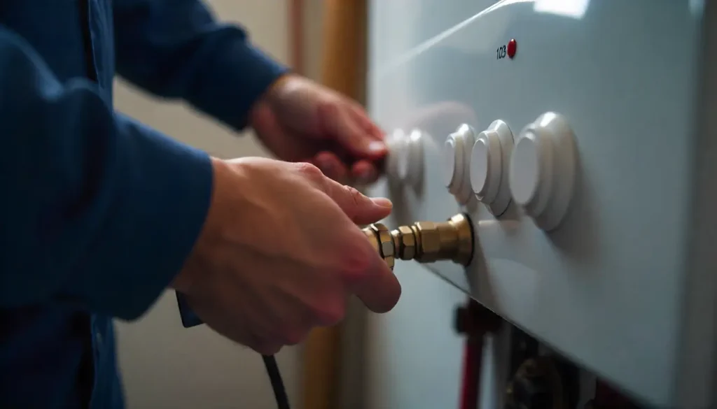 Engineer servicing a modern gas boiler with tools during a safety check.