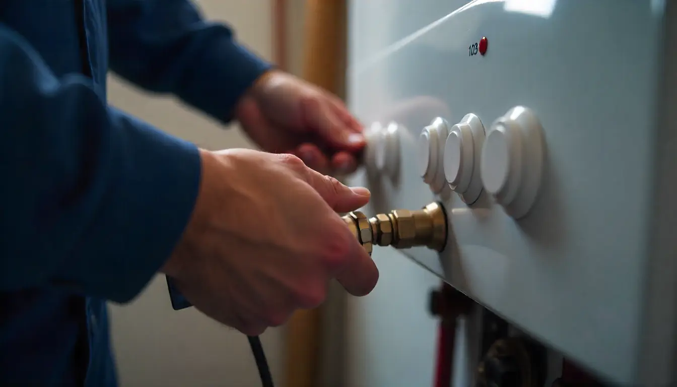 Engineer servicing a modern gas boiler with tools during a safety check.