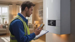 Heating engineer performing annual boiler maintenance in a modern UK home to ensure efficiency and prevent costly repairs.