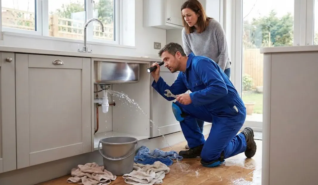 Plumber fixing a leaking pipe during a home plumbing emergency
