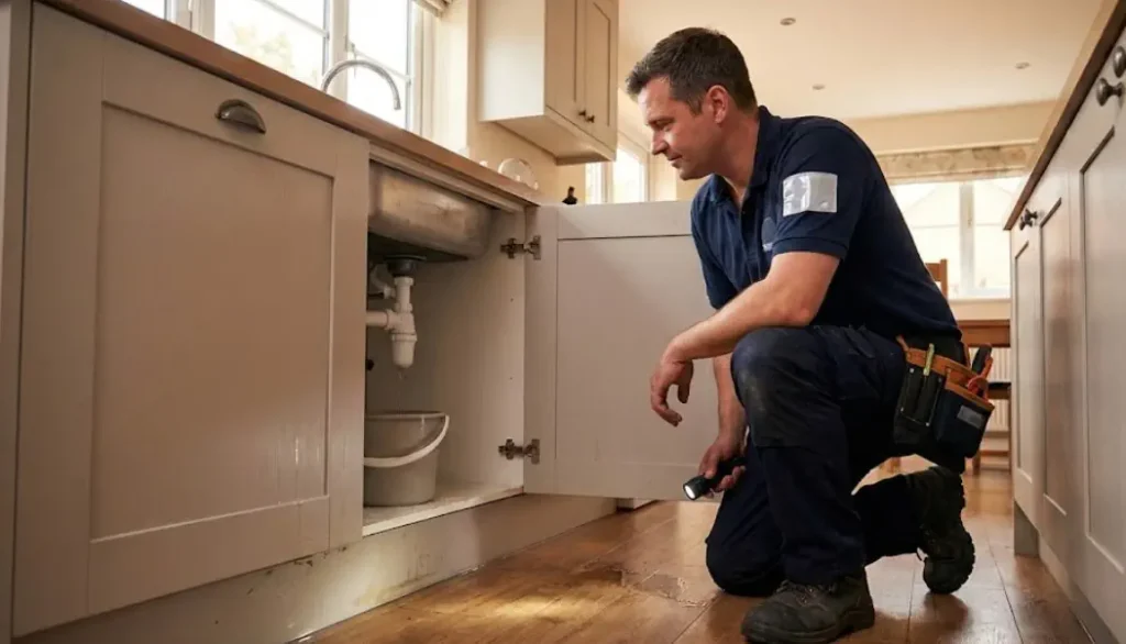 Emergency plumber fixing a leak in a stoke on trent home
