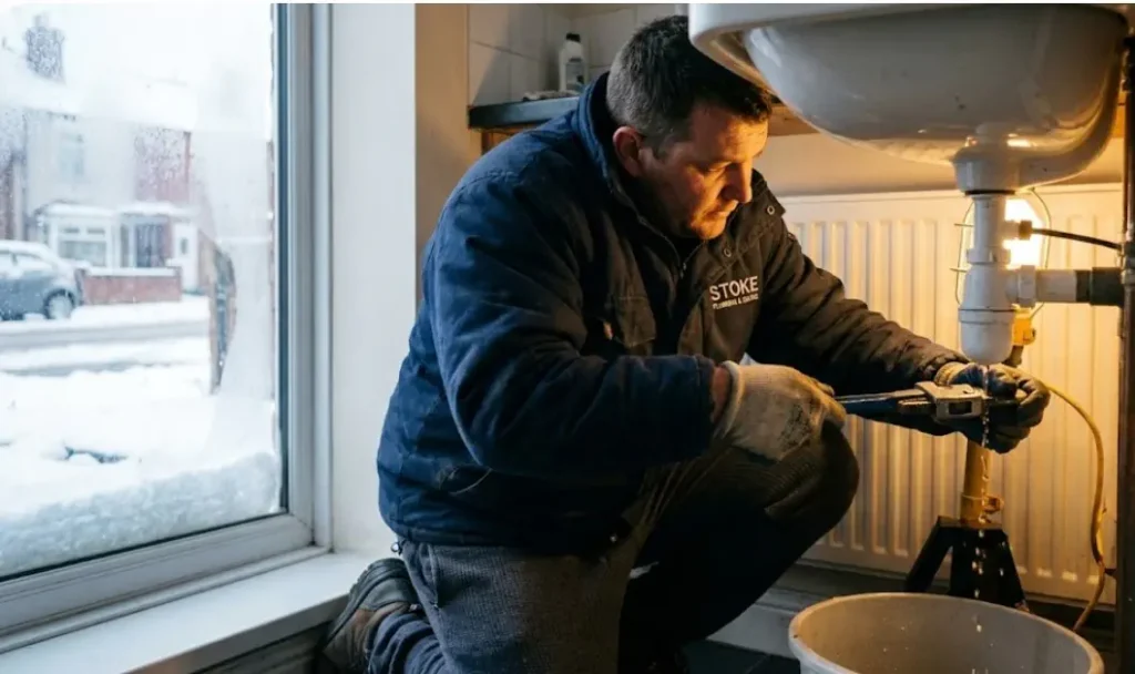 Plumber fixing a leaking pipe during winter in Stoke-on-Trent home