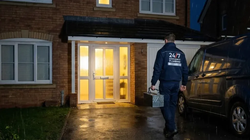 Emergency plumber arriving quickly to a UK home during a plumbing emergency