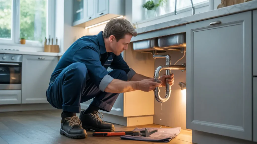 Professional plumber fixing a leaking pipe in a Stoke-on-Trent home kitchen, using tools to prevent water damage.