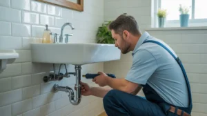 Plumber inspecting pipes in a Stoke-on-Trent home bathroom to prevent plumbing emergencies