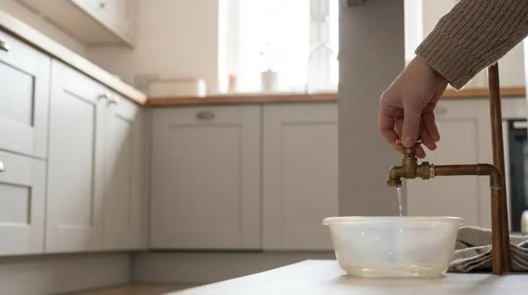 Homeowner turning off the main water stopcock under a kitchen sink during a plumbing emergency