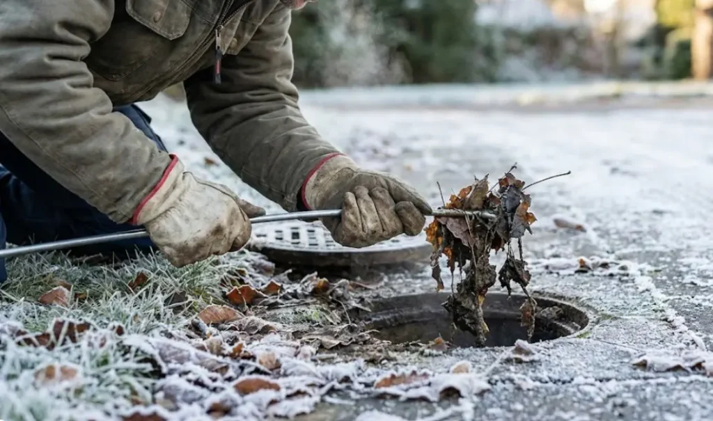 Plumber clearing a blocked outdoor drain in Stoke-on-Trent winter