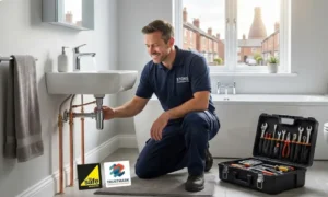 Plumber inspecting pipes under a bathroom sink in a Stoke-on-Trent home to prevent plumbing emergencies