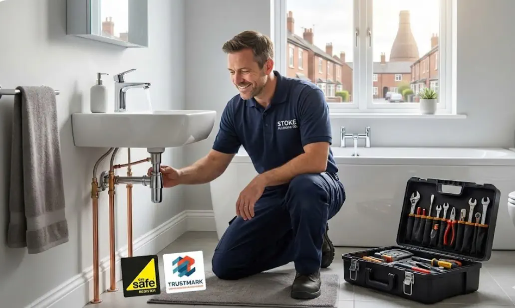 Plumber inspecting pipes under a bathroom sink in a Stoke-on-Trent home to prevent plumbing emergencies