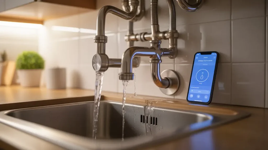 Smart water leak detector under kitchen sink sending alert to smartphone in UK home