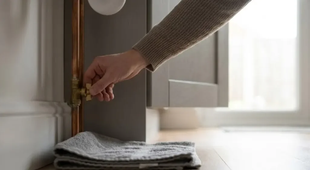 Homeowner locating and turning the main water stopcock under a kitchen sink in a UK home during a plumbing emergency