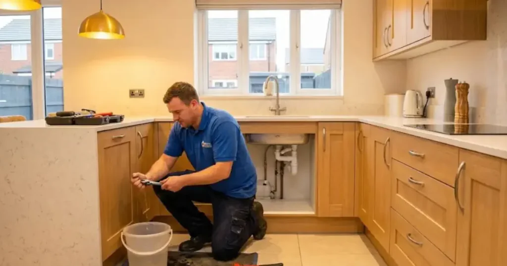 Plumber fixing a leak in a Stoke-on-Trent home kitchen