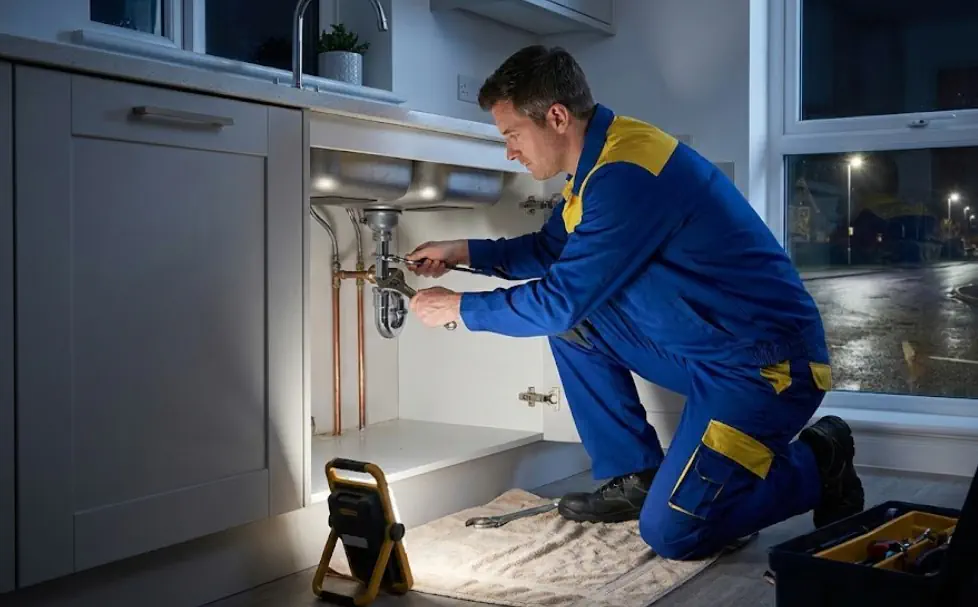 24/7 emergency plumber fixing a leaking pipe at night to prevent home damage