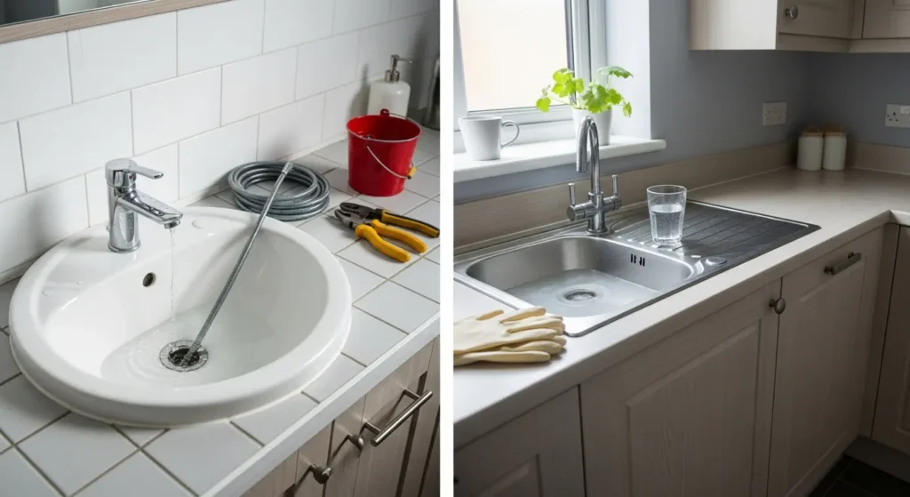 Blocked drain in UK home with water backing up in sink
