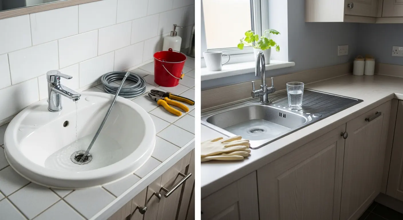 Blocked drain in UK home with water backing up in sink