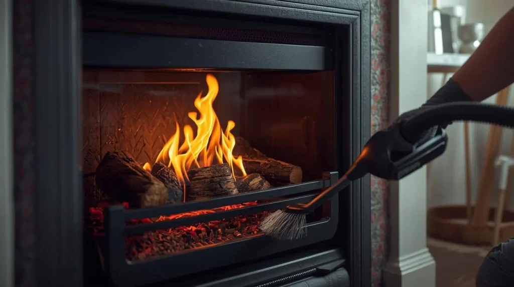 Person safely cleaning a gas fire with brush and vacuum in a UK home