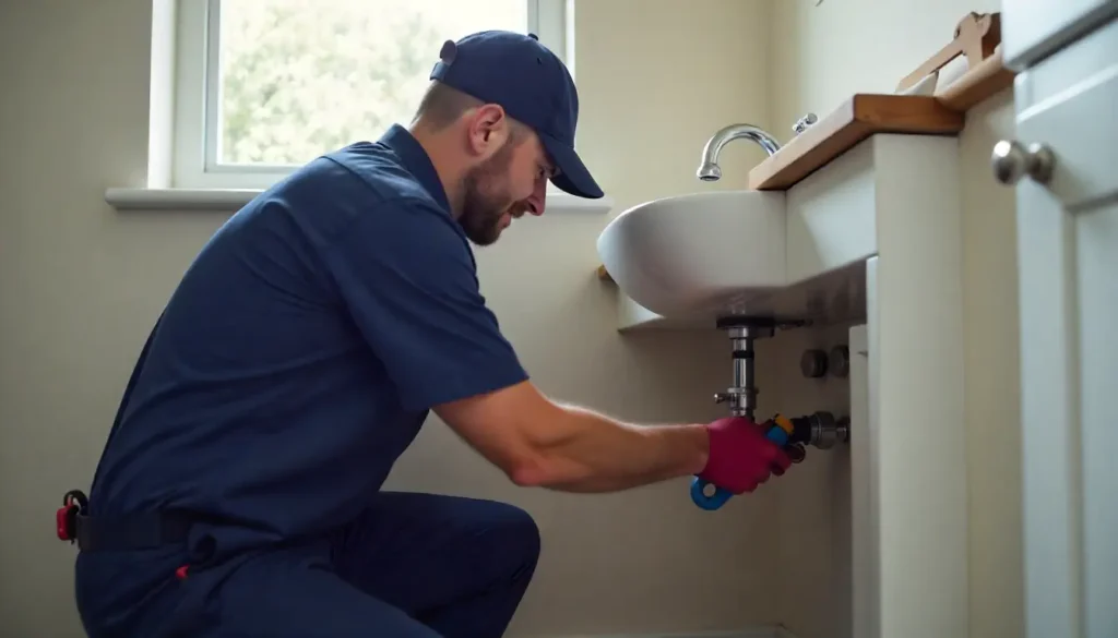 Professional plumber inspecting pipes under a kitchen sink in a UK home