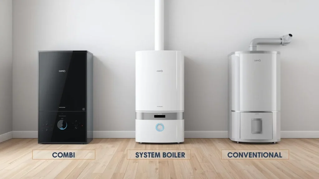Comparison of combi, system, and conventional boilers showing repair time differences