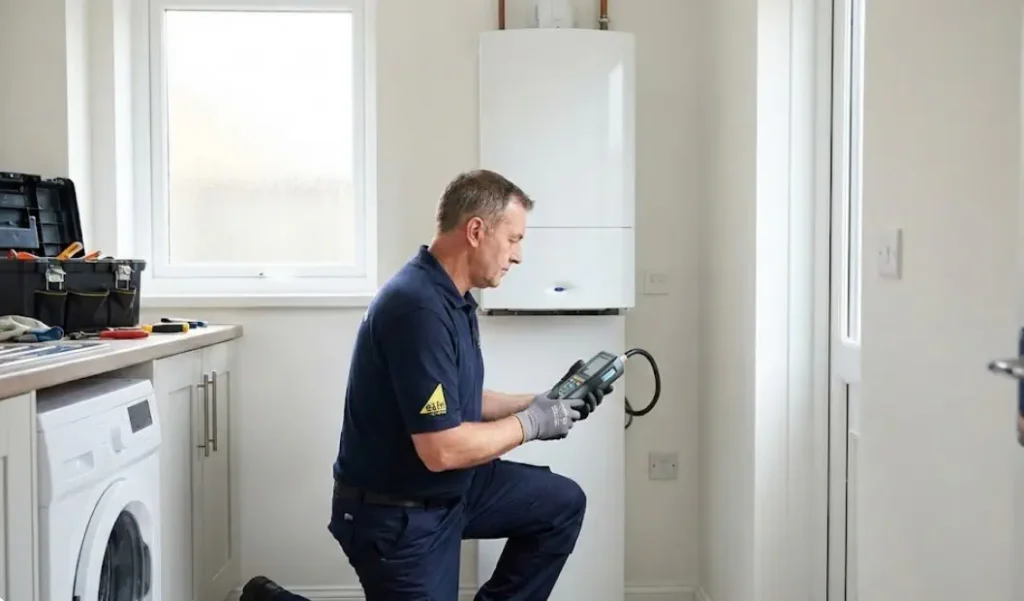 Gas engineer inspecting a boiler in a Stoke-on-Trent home