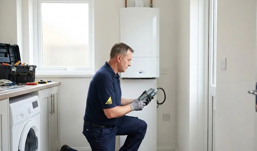 Gas engineer inspecting a boiler in a Stoke-on-Trent home