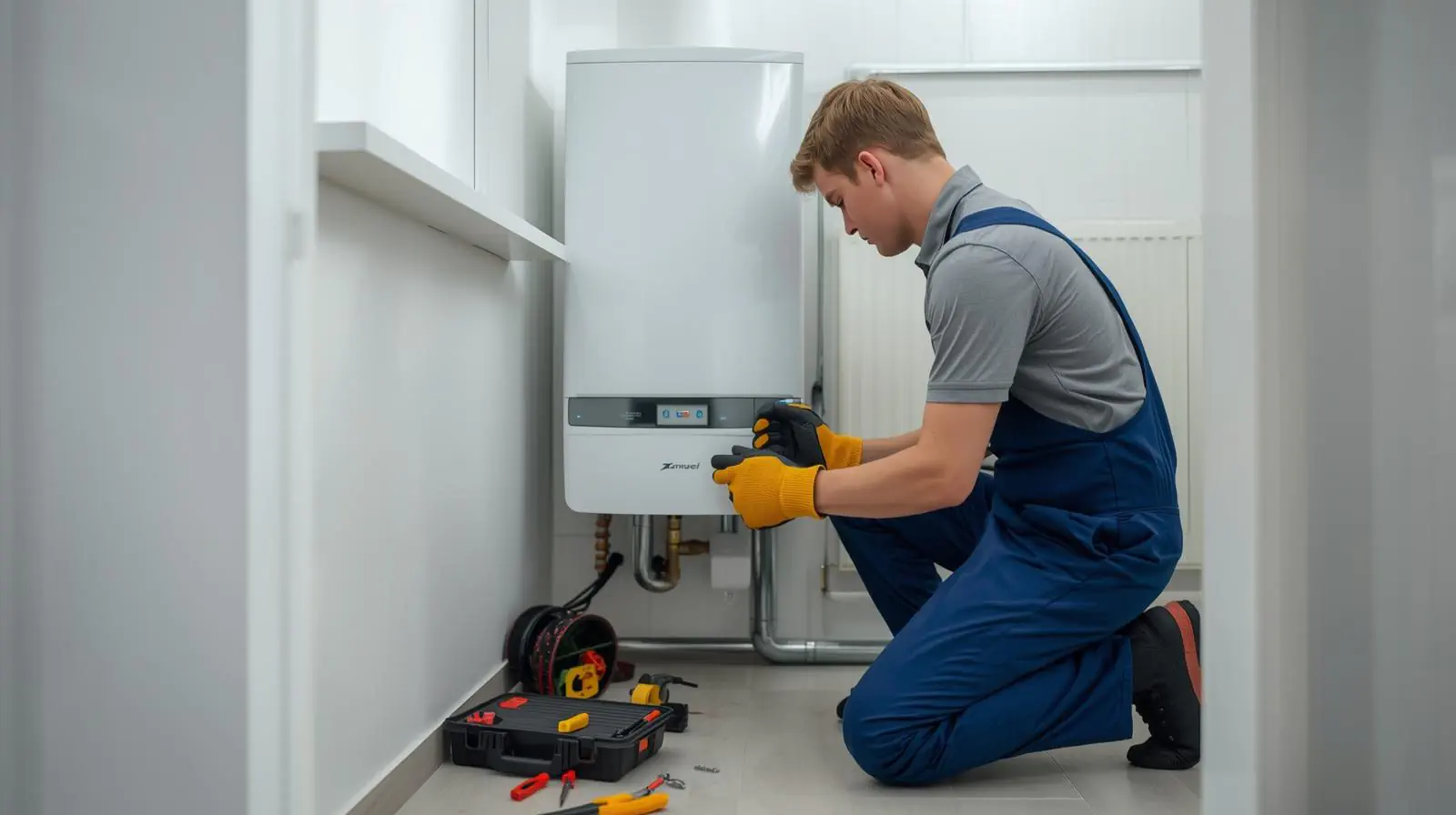 Professional engineer repairing a home boiler with tools, ensuring heating and hot water work properly