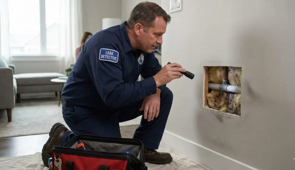 Plumber inspecting hidden water leak in a home wall