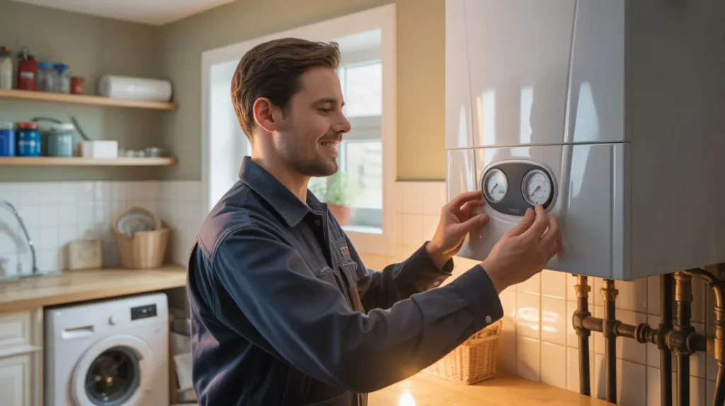 Engineer checking a home boiler for efficient operation in Stoke on Trent