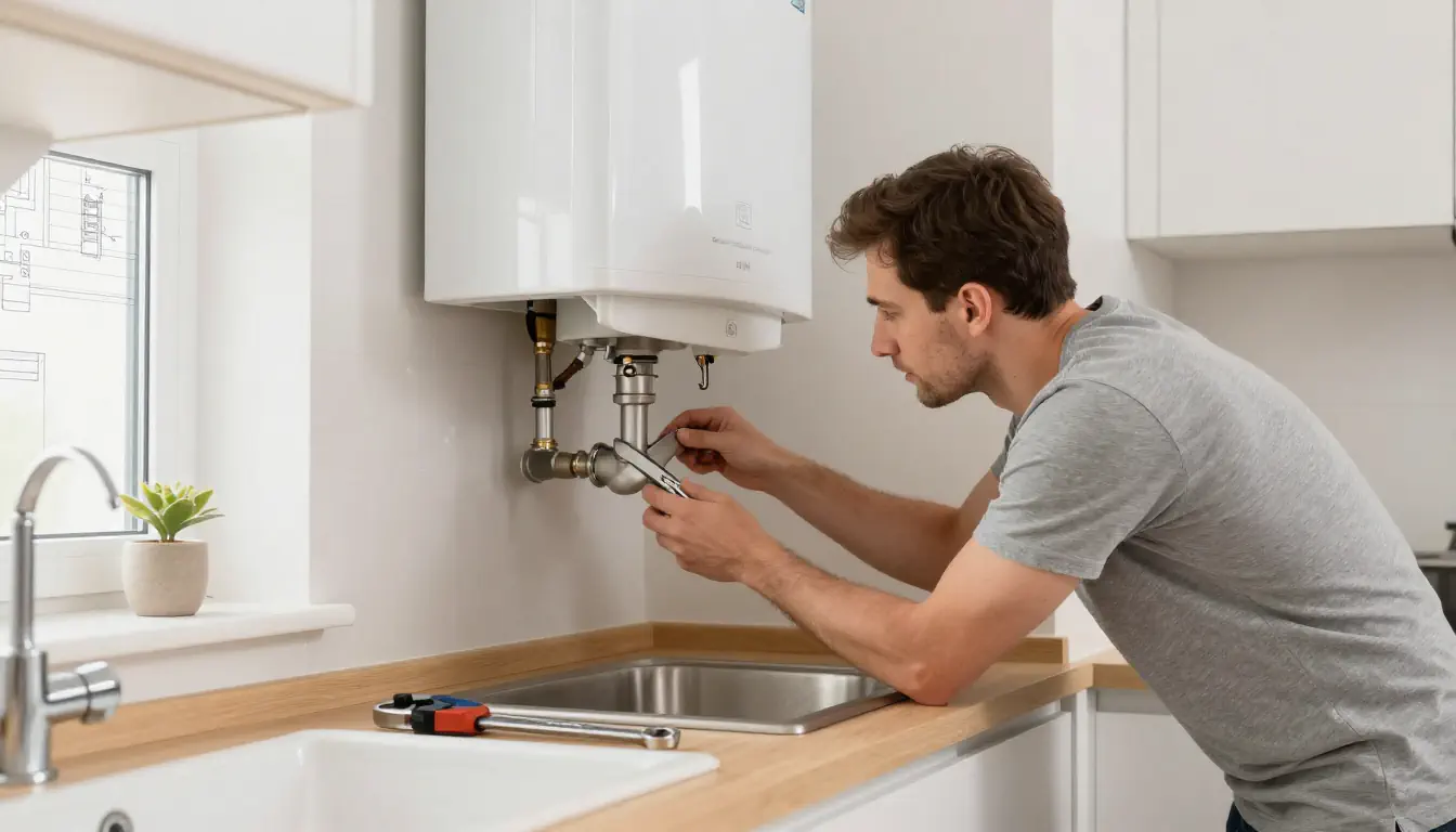 Homeowner checking plumbing pipes and water heater for maintenance at home