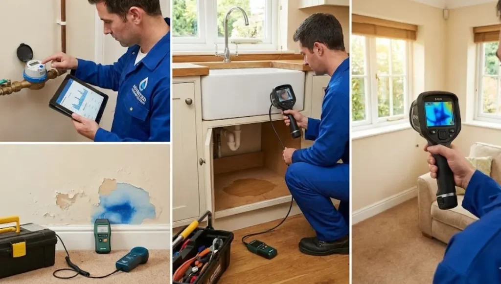 Plumber using tools to detect hidden water leaks in home pipes