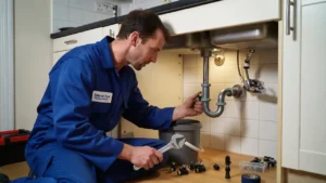 Plumber fixing a leaking pipe in a Stoke-on-Trent kitchen.