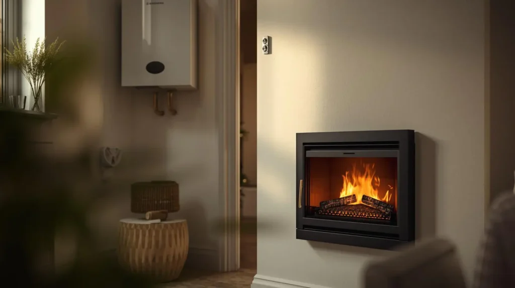 Safe gas fire and boiler in a UK home with clear space and CO detector