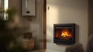 Safe gas fire and boiler in a UK home with clear space and CO detector