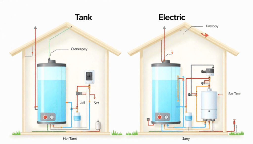 Different types of water heaters: tank, tankless, gas and electric models